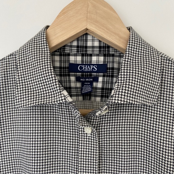 CHAPS BLACK/WHITE HOUNDSTOOTH NO IRON 100% COTTON BUTTON DOWN SHIRT, PETITE MED - Picture 6 of 10